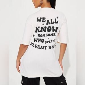 NWT Fashion Nova Graphic Tee Womens M Ivory 100% Cotton Oversized Streetwear Y2K